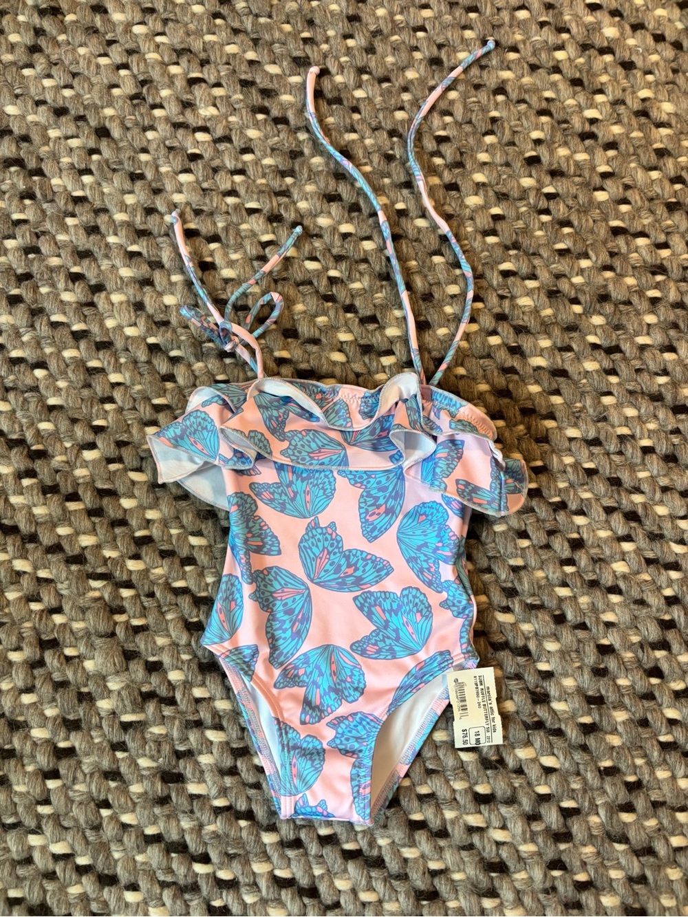Submarine Pink One-Piece Swimsuit with Blue Butterfly Print